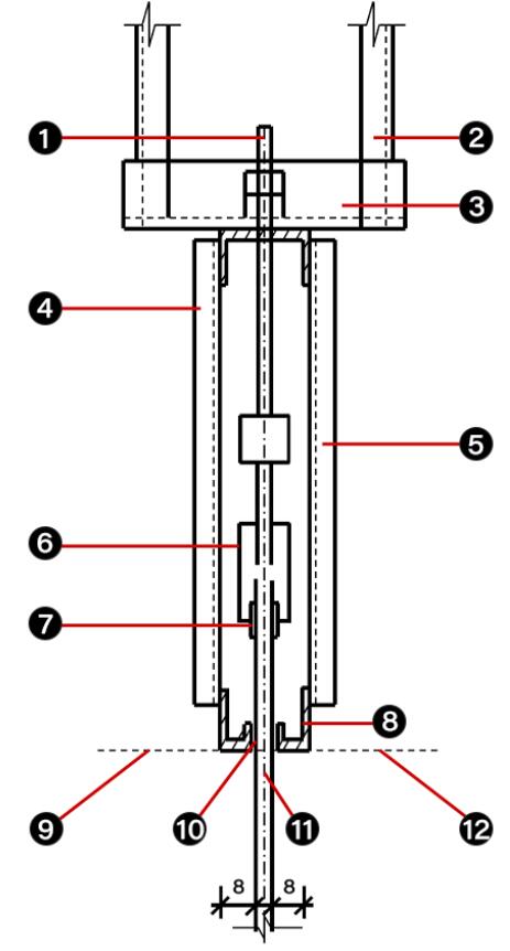 Esquema del node superior de paret cortina de vidre ple de tipus penjant